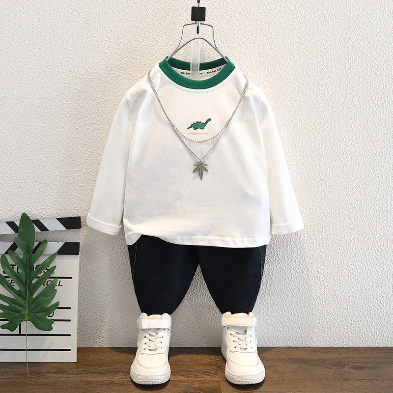 Children'S White Dinosaur T-Shirt Boys' Pure Cotton Crewneck Long-Sleeved T-Shirt Middle-Aged Children'S All-Match T-Shirt Top - Image 2