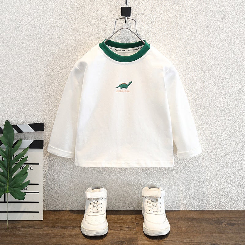 Children'S White Dinosaur T-Shirt Boys' Pure Cotton Crewneck Long-Sleeved T-Shirt Middle-Aged Children'S All-Match T-Shirt Top - Image 4