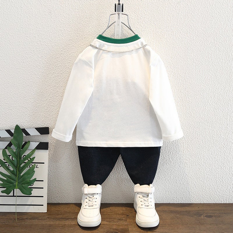 Children'S White Dinosaur T-Shirt Boys' Pure Cotton Crewneck Long-Sleeved T-Shirt Middle-Aged Children'S All-Match T-Shirt Top - Image 3