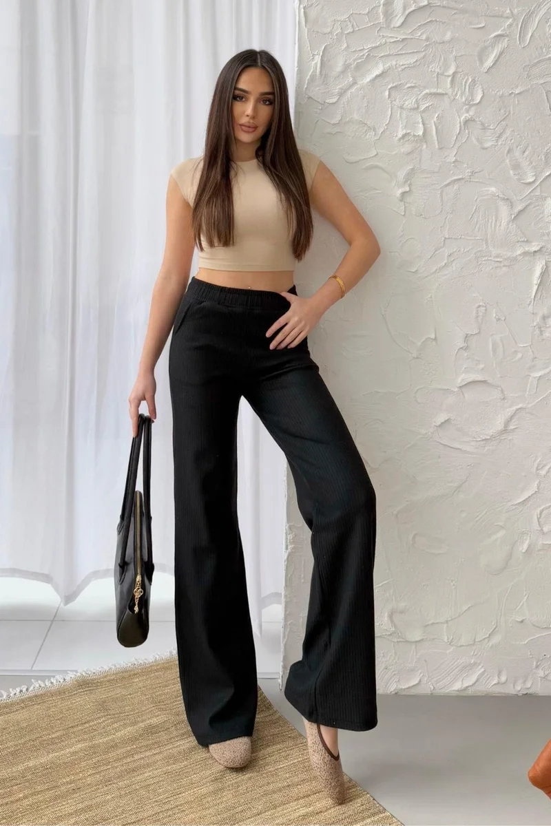 ميتاليك Women's Black High Waist Wide Leg Camisole Ribbed Pocket Trousers Sweatpants