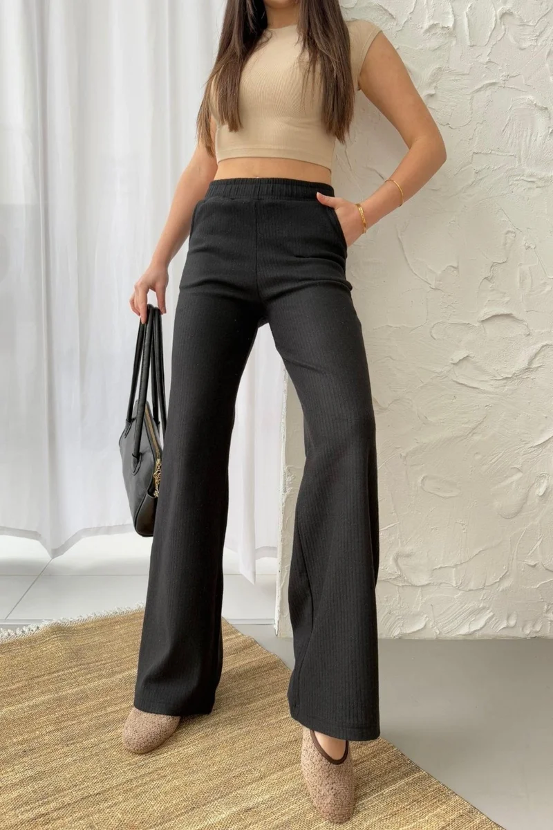 mmetalic Women's Black High Waist Wide Leg Camisole Ribbed Pocket Trousers Sweatpants
