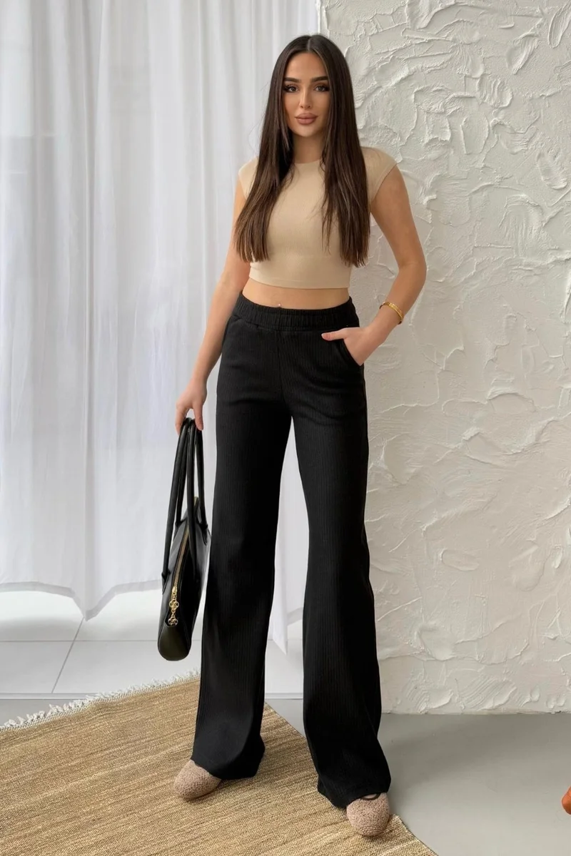 ميتاليك Women's Black High Waist Wide Leg Camisole Ribbed Pocket Trousers Sweatpants