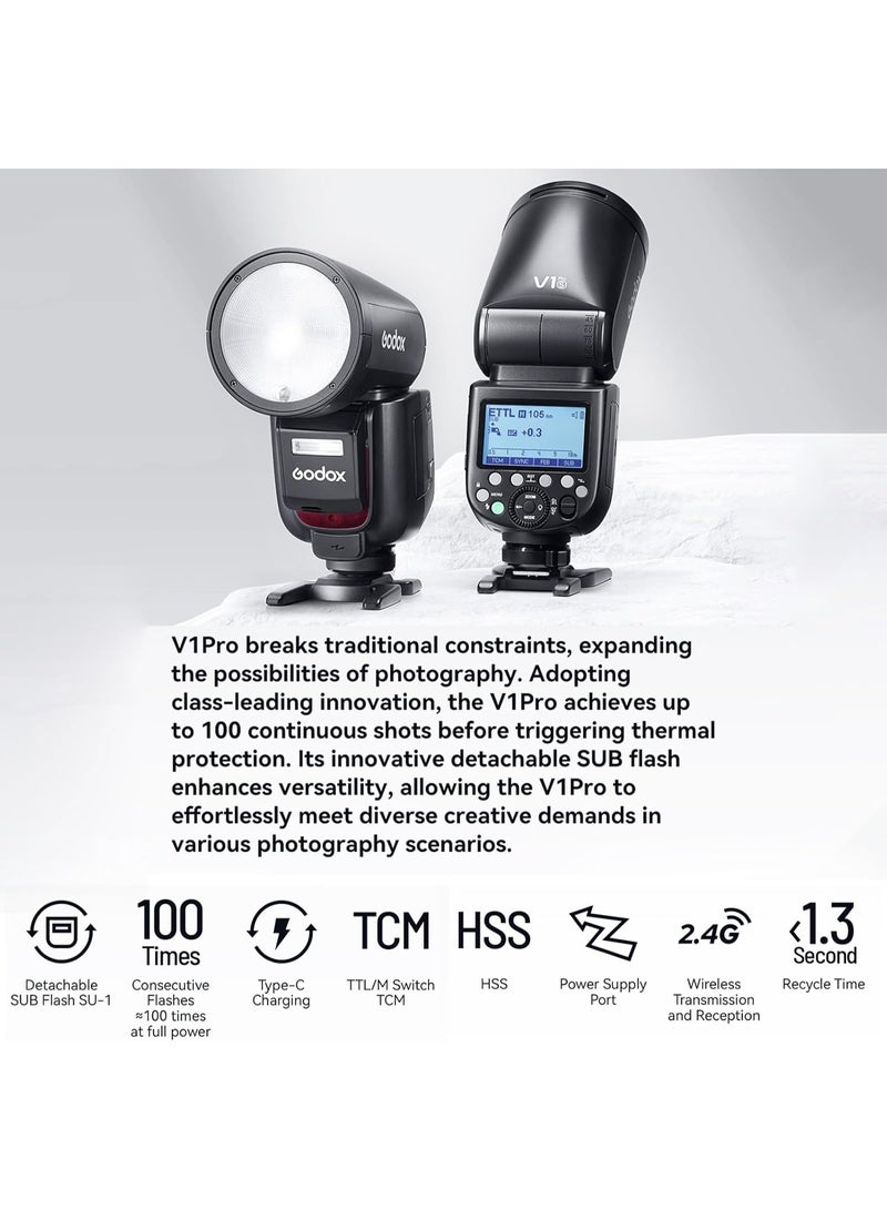 Godox GODOX V1 Pro S Round-Head 76Ws On-Camera Flash for Sony Cameras TTL HSS 2.4G Wireless Sub-Flash & USB-C Rechargeable Battery - Image 2