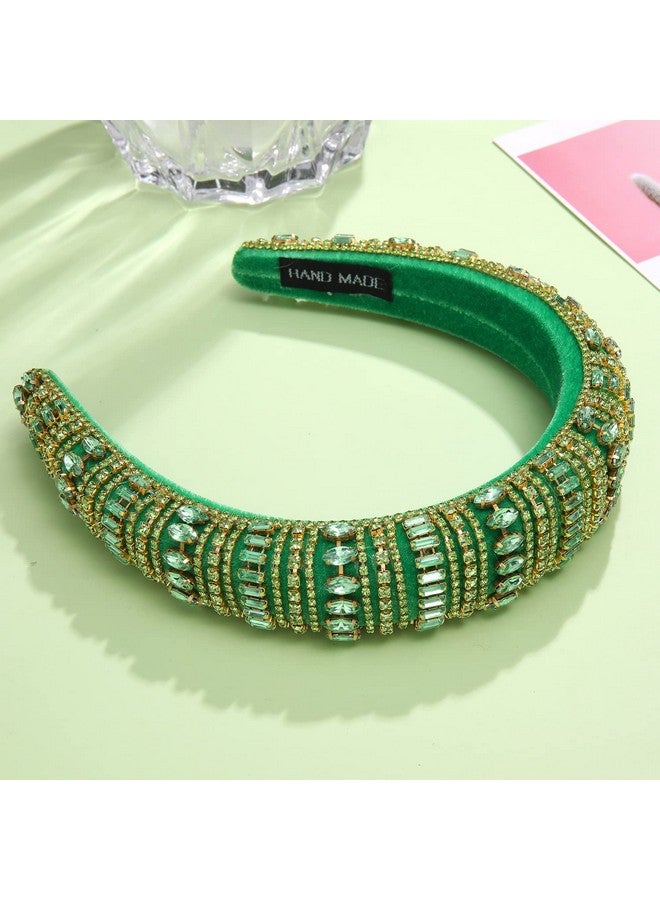 سيالكسهيني عصابة رأس مبطنة مرصعة بأحجار الراين والكريستال للنساء، عصابة رأس من المخمل المرصع بالجواهر اللامعة، طوق شعر عريض للفتيات، إكسسوار شعر للحفلات، هدايا الأعياد (أخضر) - Image 3