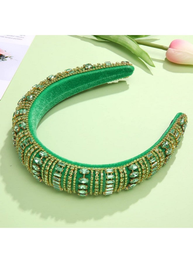 سيالكسهيني عصابة رأس مبطنة مرصعة بأحجار الراين والكريستال للنساء، عصابة رأس من المخمل المرصع بالجواهر اللامعة، طوق شعر عريض للفتيات، إكسسوار شعر للحفلات، هدايا الأعياد (أخضر) - Image 2