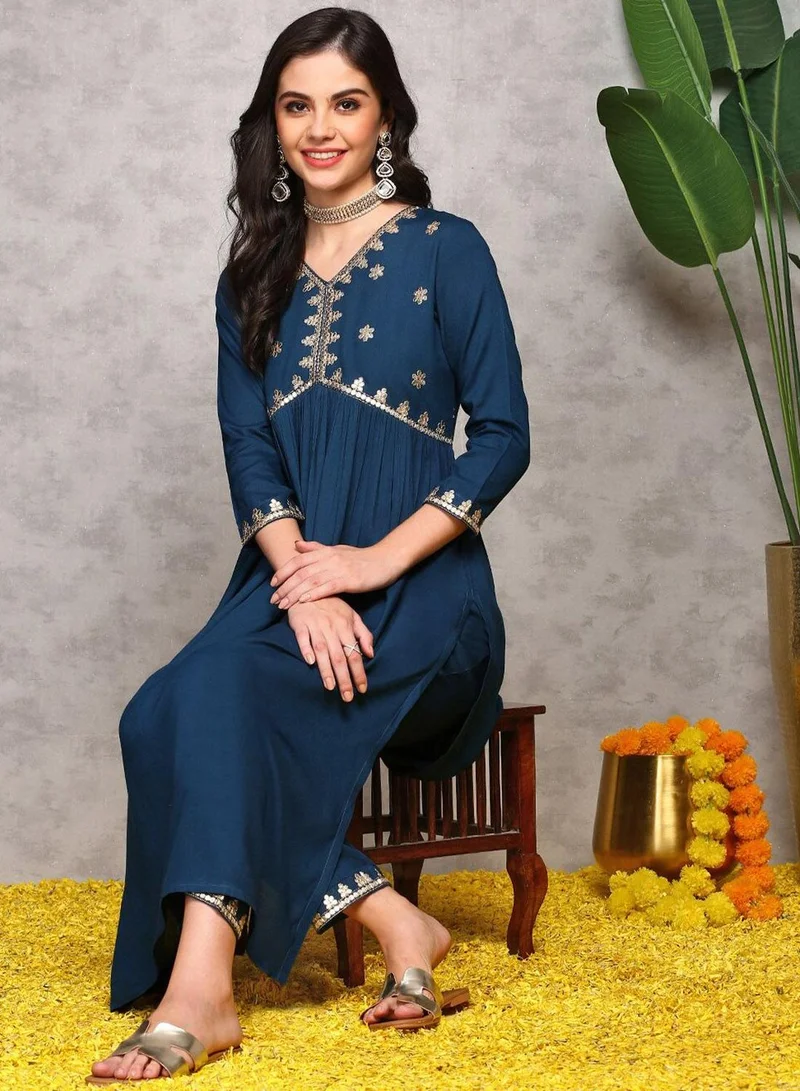 ISHIN  Regular Fit Three-Quarter Sleeve Printed Teal Viscose Woven Kurta Set For Women Flat Collar Perfect For Wedding And Engagement Pull On Closure for Women | Best Price UAE