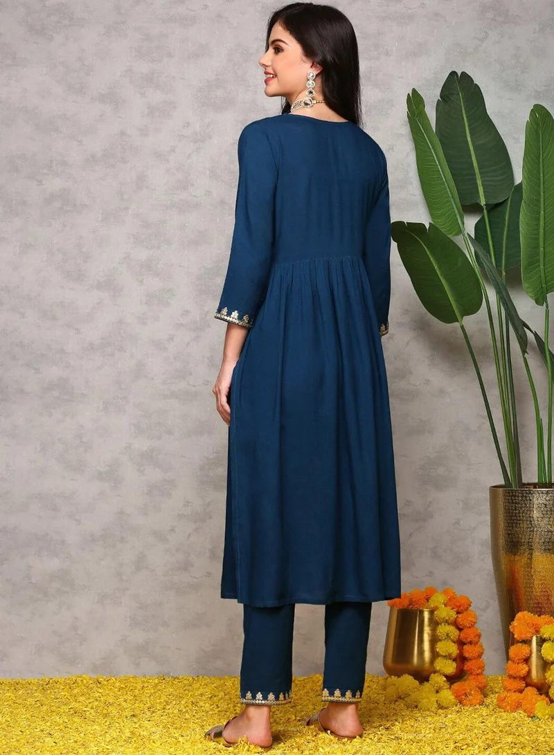 ISHIN  Regular Fit Three-Quarter Sleeve Printed Teal Viscose Woven Kurta Set For Women Flat Collar Perfect For Wedding And Engagement Pull On Closure for Women | Best Price UAE