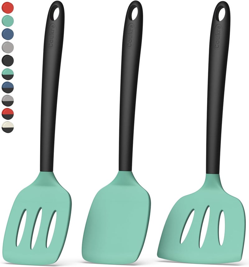 Coukre 3 Pack Silicone Spatula Set, High Heat Resistant, BPA-Free, Fish Spatula, Solid & Slotted Turner for Non-Stick Pans, Flipping Eggs, Pancakes, Fish, Burgers (3, AquaGreenBlack) - Image 1