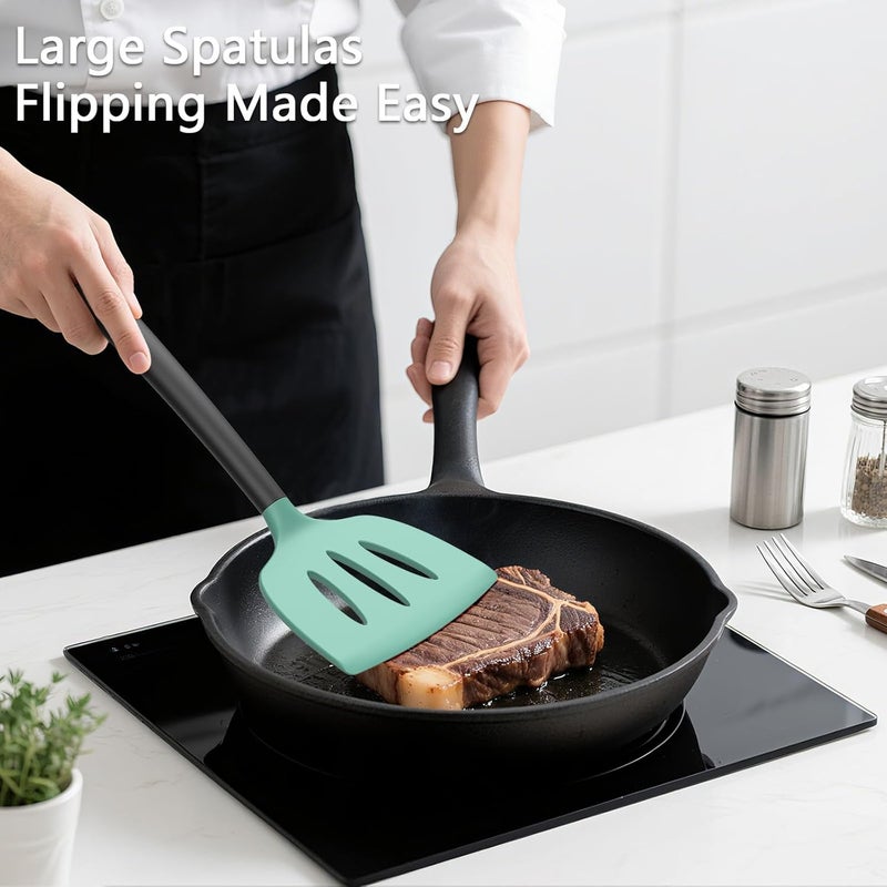 Coukre 3 Pack Silicone Spatula Set, High Heat Resistant, BPA-Free, Fish Spatula, Solid & Slotted Turner for Non-Stick Pans, Flipping Eggs, Pancakes, Fish, Burgers (3, AquaGreenBlack) - Image 3