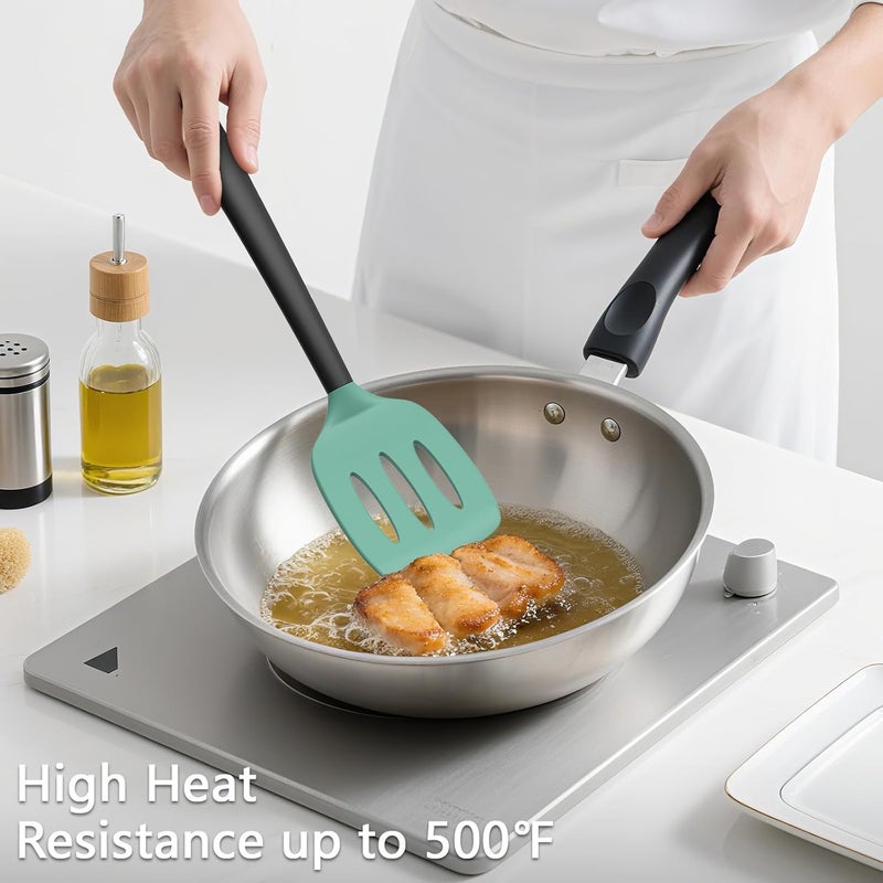 Coukre 3 Pack Silicone Spatula Set, High Heat Resistant, BPA-Free, Fish Spatula, Solid & Slotted Turner for Non-Stick Pans, Flipping Eggs, Pancakes, Fish, Burgers (3, AquaGreenBlack) - Image 4