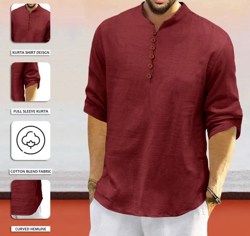 Macsivo Men's Cotton Blend Short Kurta with Solid Mandarin Collared Full Sleeve Curved Hem Length | Kurta for Men Stylish Maroon - Image 2