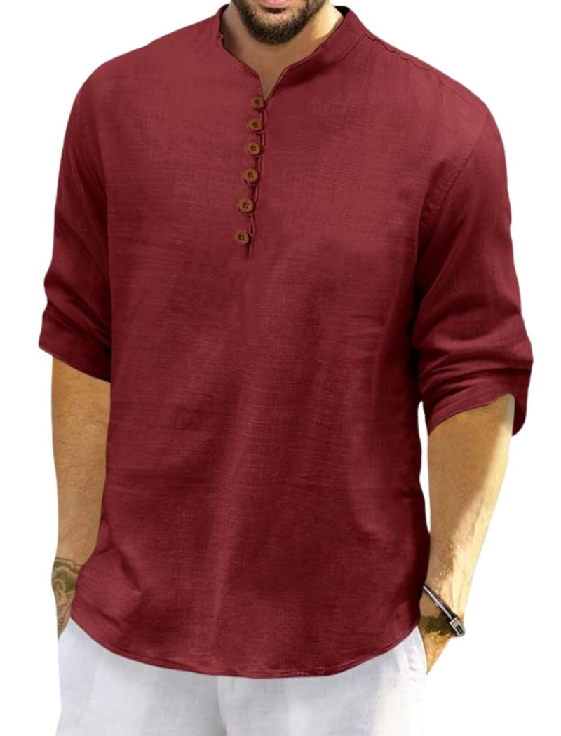 Macsivo Men's Cotton Blend Short Kurta with Solid Mandarin Collared Full Sleeve Curved Hem Length | Kurta for Men Stylish Maroon - Image 1