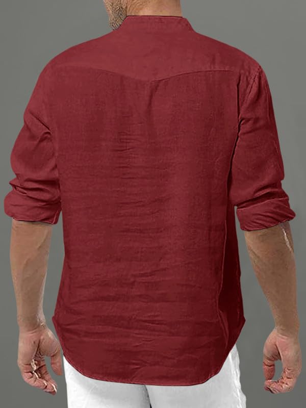 Macsivo Men's Cotton Blend Short Kurta with Solid Mandarin Collared Full Sleeve Curved Hem Length | Kurta for Men Stylish Maroon - Image 3