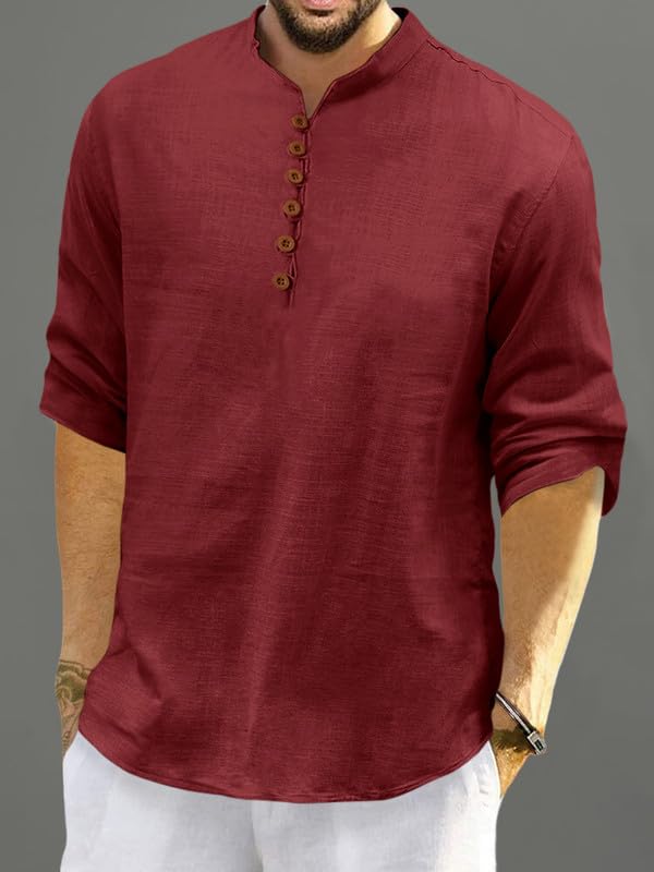 Macsivo Men's Cotton Blend Short Kurta with Solid Mandarin Collared Full Sleeve Curved Hem Length | Kurta for Men Stylish Maroon - Image 4