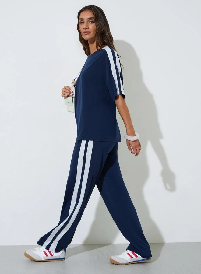 Dark Blue Side Webbing T-Shirt and Wide Leg Joggers Co-Ords