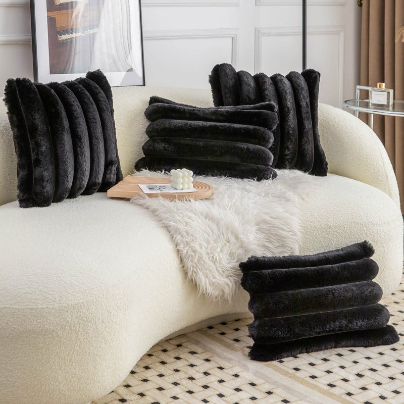 Neelvin Black Faux Fur Cozy Soft Striped Decorative Throw Pillow Covers 18x18 inch Set of 2,Velvet Pillowcase Cushion Case for Sofa Couch - Image 4