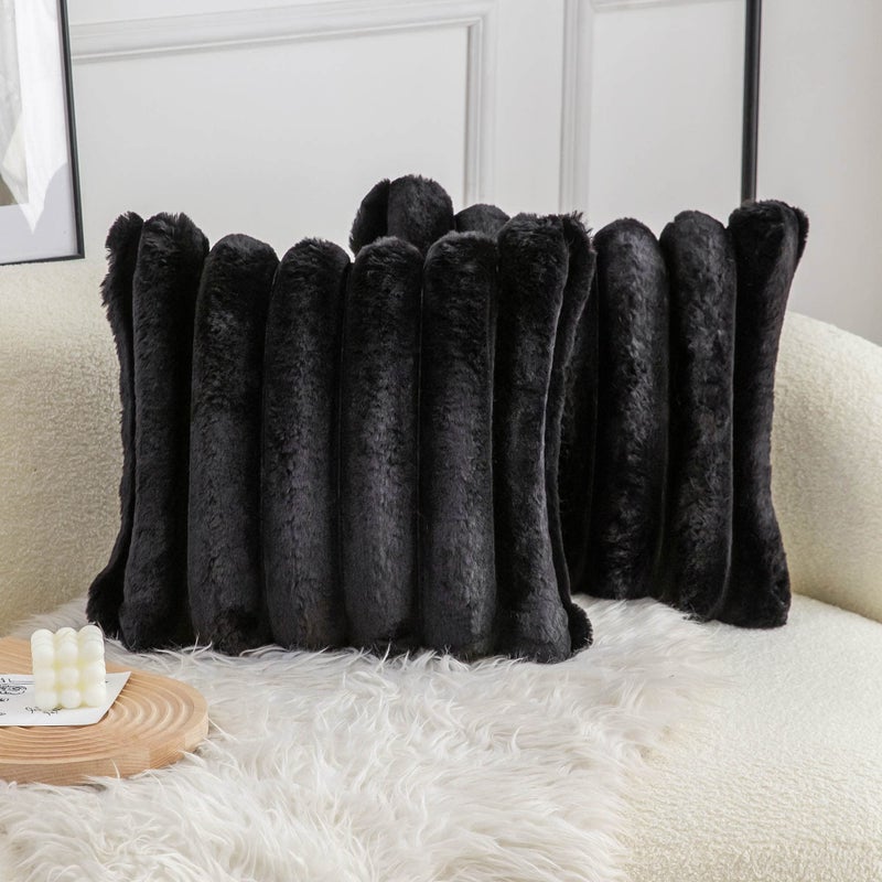 Neelvin Black Faux Fur Cozy Soft Striped Decorative Throw Pillow Covers 18x18 inch Set of 2,Velvet Pillowcase Cushion Case for Sofa Couch - Image 1