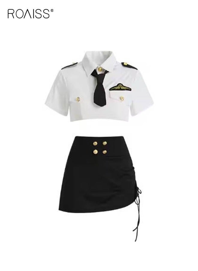 roaiss 2Pcs Stewardess Police Uniform Lingerie Set for Women Milk Silk Fabric Lapel Shirt Short Top and Mini Hip-Covering Skirt Ladies Sailor Suit Underwear Suit Cosplay Costumes  - Image 1