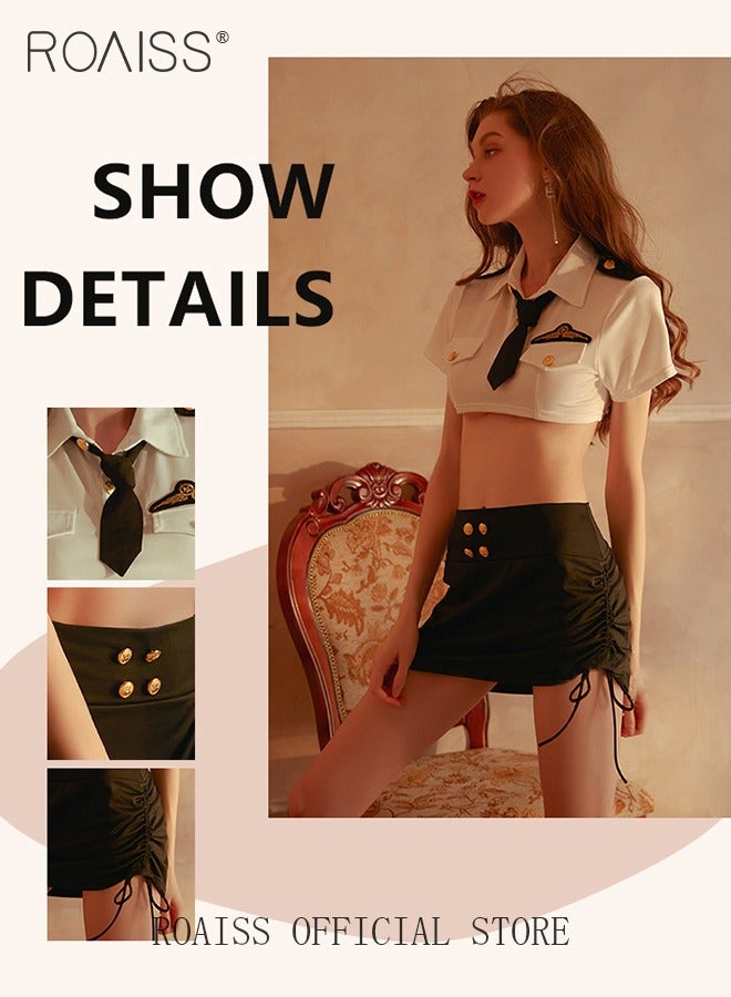 roaiss 2Pcs Stewardess Police Uniform Lingerie Set for Women Milk Silk Fabric Lapel Shirt Short Top and Mini Hip-Covering Skirt Ladies Sailor Suit Underwear Suit Cosplay Costumes  - Image 2