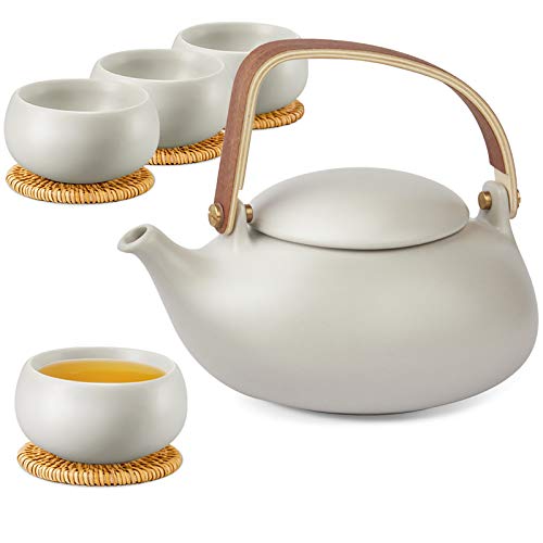 ZENS Vintage Japanese Tea Set 27oz Ceramic Japanese Teapot with Infuser Wood Handle Matte Gray Teapot with Strainers and 4 Cups for Tea Party Womens Gift - Image 1