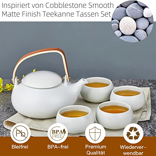 ZENS Vintage Japanese Tea Set 27oz Ceramic Japanese Teapot with Infuser Wood Handle Matte Gray Teapot with Strainers and 4 Cups for Tea Party Womens Gift - Image 3