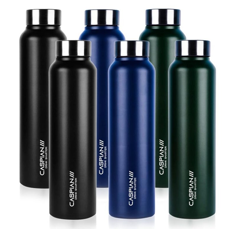 Caspian Astra Stainless Steel Water Bottle 1 ltr (Litre) for Fridge, Home, Office, School, Gym-Ideal for Adults, Men, Women, Kids, Boys, Girls-1000ml Leakproof, Rust free, Set of 6, Black, Blue, Green - Image 1