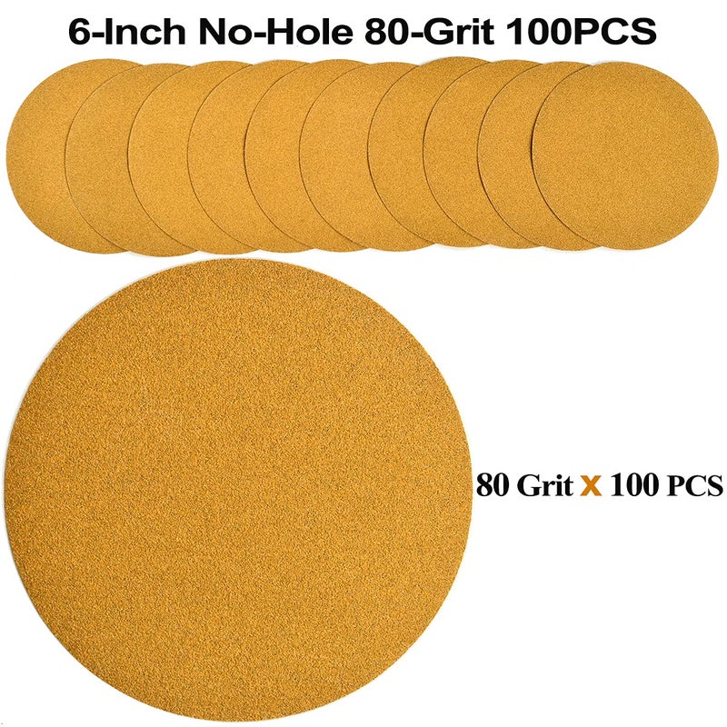 Aiyard 6-Inch No-Hole Hook and Loop Sanding Discs 80-Grit, Random Orbital Sandpaper for Automotive and Woodworking, 100-Pack - Image 2