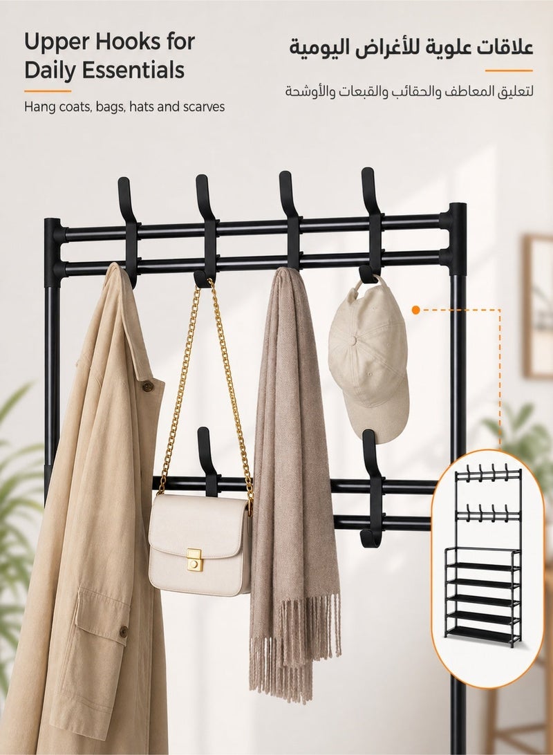 Delehehe 2-in-1 Shoe Rack and Coat Rack, 5-Tier Shoe Storage Organizer with 8 Hanging Hooks, Freestanding Metal Hall Tree with Wall Fastener, Space Saving Entryway Organizer for Shoes, Bags, Coats, Black - Image 4