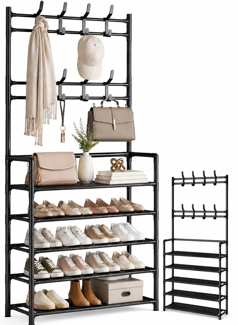 Delehehe 2-in-1 Shoe Rack and Coat Rack, 5-Tier Shoe Storage Organizer with 8 Hanging Hooks, Freestanding Metal Hall Tree with Wall Fastener, Space Saving Entryway Organizer for Shoes, Bags, Coats, Black - Image 2
