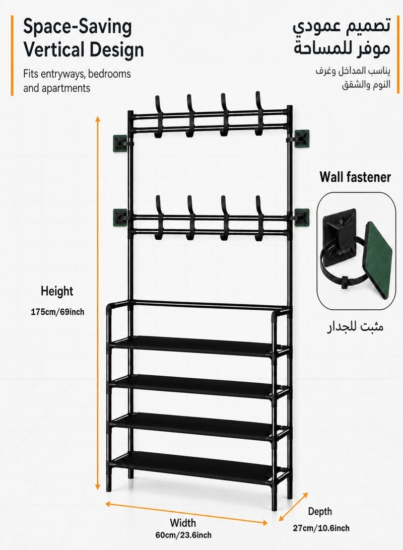 Delehehe 2-in-1 Shoe Rack and Coat Rack, 5-Tier Shoe Storage Organizer with 8 Hanging Hooks, Freestanding Metal Hall Tree with Wall Fastener, Space Saving Entryway Organizer for Shoes, Bags, Coats, Black - Image 3
