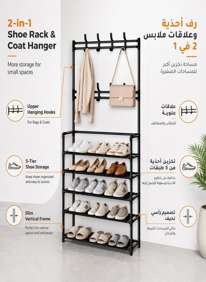 Delehehe 2-in-1 Shoe Rack and Coat Rack, 5-Tier Shoe Storage Organizer with 8 Hanging Hooks, Freestanding Metal Hall Tree with Wall Fastener, Space Saving Entryway Organizer for Shoes, Bags, Coats, Black - Image 5