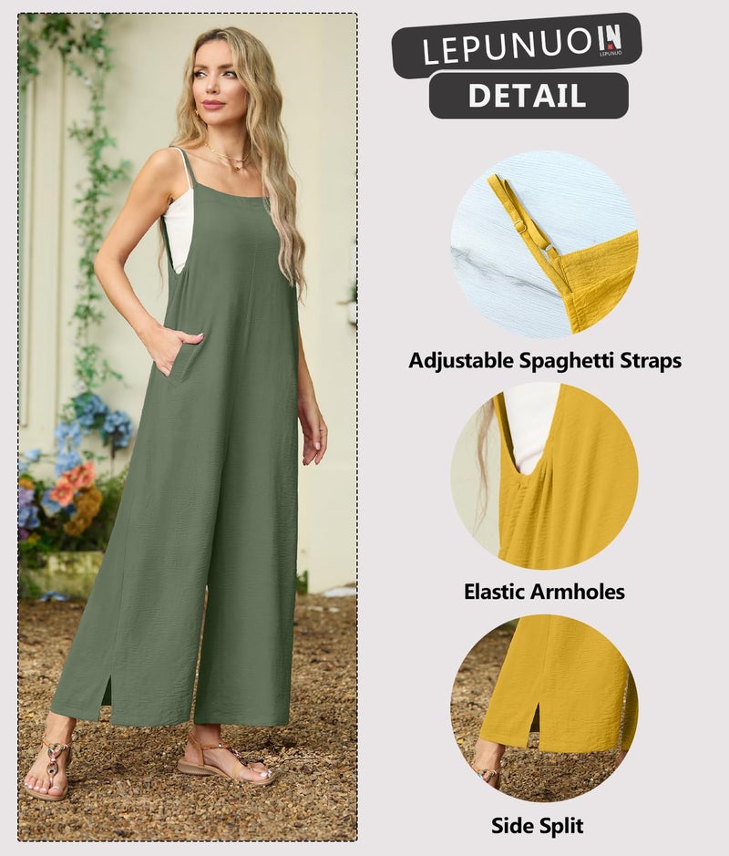 Lepunuo Womens Casual Loose Jumpsuits Summer Wide Leg Rompers Sleeveless Overalls Boho Jumpers with Pockets - Image 2