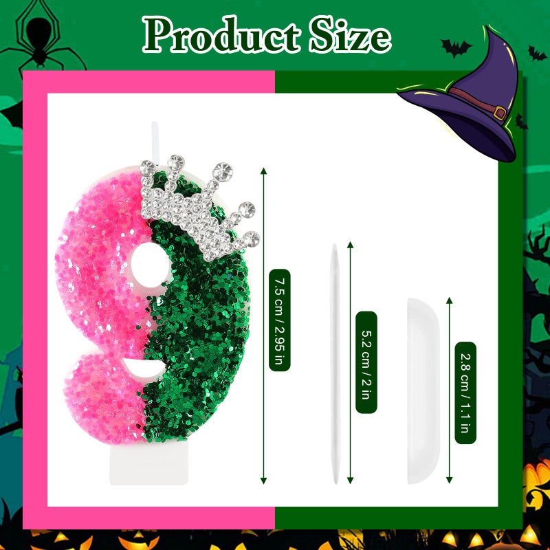 AKURIEEY Wicked Birthday Candle Crown Number 9 Candle Pink and Green 9th Birthday Cake Topper Cupcake Decorations Wicked Themed Party Decor Anniversary Celebrations Supplies - Image 3