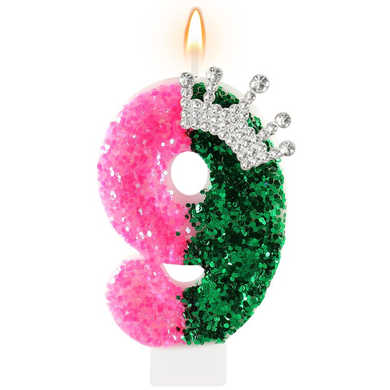 AKURIEEY Wicked Birthday Candle Crown Number 9 Candle Pink and Green 9th Birthday Cake Topper Cupcake Decorations Wicked Themed Party Decor Anniversary Celebrations Supplies - Image 1