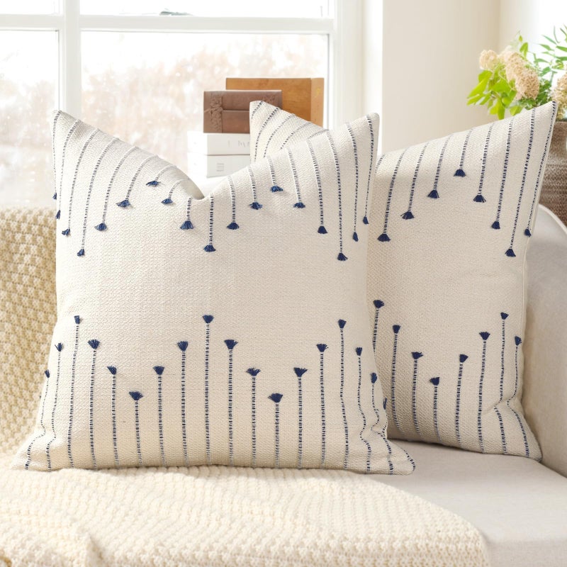 YCOLL Boho Spring Throw Pillow Covers 20x20 Set of 2 Neutral Woven Decorative Pillowcases Cotton Tufted Couch Pillows Modern Farmhouse Cushion Covers for Sofa Couch Bed Living Room Home Decor, Navy Blue - Image 1