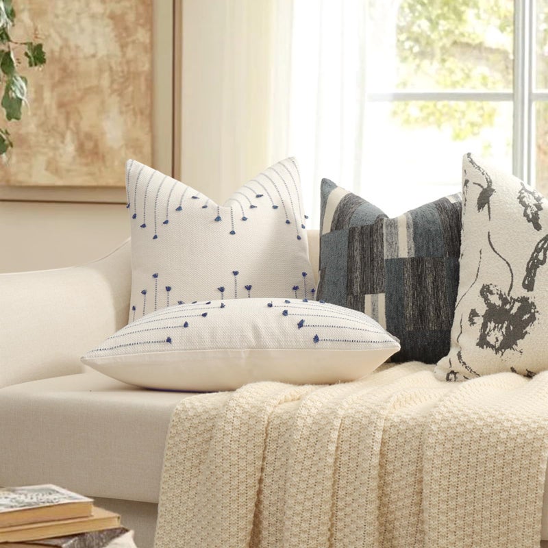 YCOLL Boho Spring Throw Pillow Covers 20x20 Set of 2 Neutral Woven Decorative Pillowcases Cotton Tufted Couch Pillows Modern Farmhouse Cushion Covers for Sofa Couch Bed Living Room Home Decor, Navy Blue - Image 3