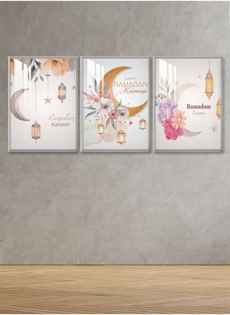 ماركتنا ثلاث لوحات جدارية120x60سم مع برواز فضي وطبقة اكريلك شفاف بتصميم رمضان  - Image 1