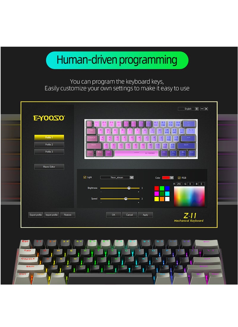 E-YOOSO Z-11 3 Modes Wireless Mechanical Keyboard, Bluetooth/2.4G/USB-C 60% Portable Rechargeable 61 Keys Gaming Keyboard, Compact RGB Hot Swappable Mechanical Keyboard for Windows/Mac  - Image 5