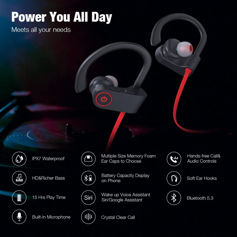 Boean Bluetooth Headphones Wireless Earbuds Bluetooth 5.3 Running Headphones IPX7 Waterproof Earphones with 16 Hrs Playtime Stereo Sound Isolation Headsets for Workout Gym - Image 2