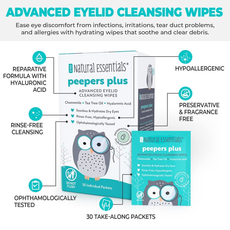 Natural Essentials Peepers Plus Eyelid Wipes by Natural Essentials, Preservative-Free & Rinse-Free Eye Wipes for Daily Use, Hydrating & Moisturizing Hyaluronic Acid & Tea Tree Oil Soothes Allergy Dry Eyes, 30 Count - Image 2