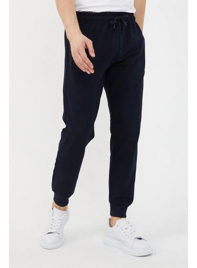Mmetalic Navy Blue Men's Ribbed Cuff Jogger Track Pants with Zipper Pocket Detail