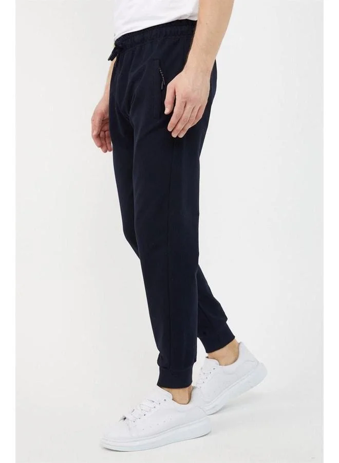 Mmetalic Navy Blue Men's Ribbed Cuff Jogger Track Pants with Zipper Pocket Detail