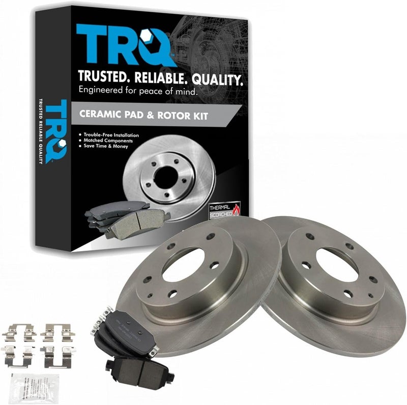 TRQ Rear Brake Pad and Rotor Set Ceramic Solid Rotors Compatible with 2017-2018 Mazda 3 2019 CX-3 - Image 1