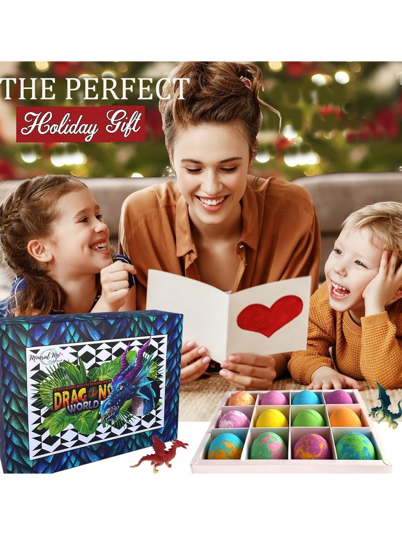 Mineral Me California - Bath Bombs for Kids with Surprise Inside - 12 Organic Bubble Bath Fizzies with Dragon Egg Toys. Gentle Bath Balls. Fizzy Balls w/Rich Bubbles, Christmas Gifts, Stocking Stuffers for Girls and Boys - Image 1