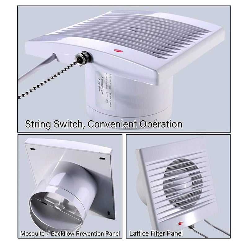 SAILFLO 4 Inch Wall-Mounted Exhaust Fan, 12W Ventilation Extractor with Anti-backflow Check Valve Chain Switch for Window Duct Glass Grow Tent Bathroom Vents - 6"Ã—6" Grid Panel - Small Size - Image 2
