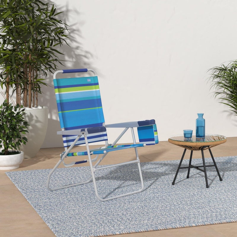 Rio Brands 17" Extended Height 4-Position Folding Beach, Camping, Lawn Chair, Blue/White/Green - Image 2