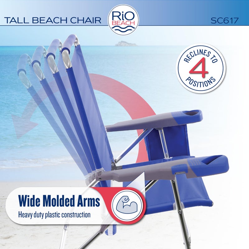 Rio Brands 17" Extended Height 4-Position Folding Beach, Camping, Lawn Chair, Blue/White/Green - Image 4