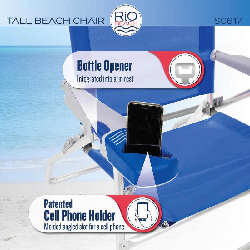 Rio Brands 17" Extended Height 4-Position Folding Beach, Camping, Lawn Chair, Blue/White/Green - Image 5