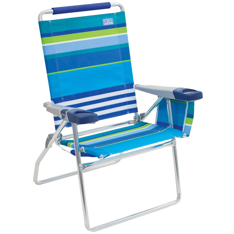Rio Brands 17" Extended Height 4-Position Folding Beach, Camping, Lawn Chair, Blue/White/Green - Image 1