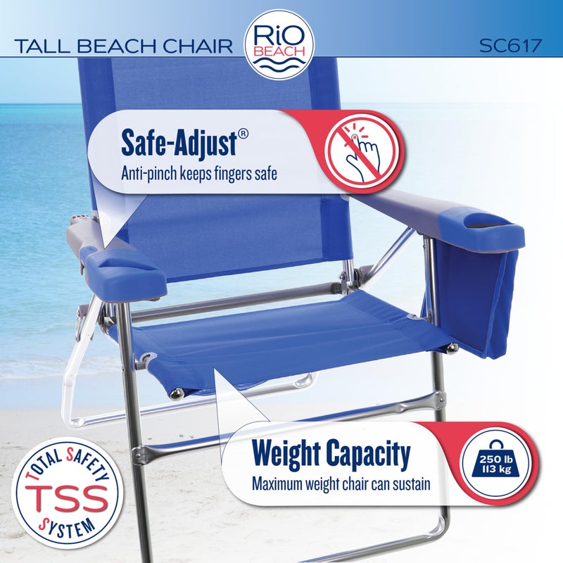 Rio Brands 17" Extended Height 4-Position Folding Beach, Camping, Lawn Chair, Blue/White/Green - Image 3